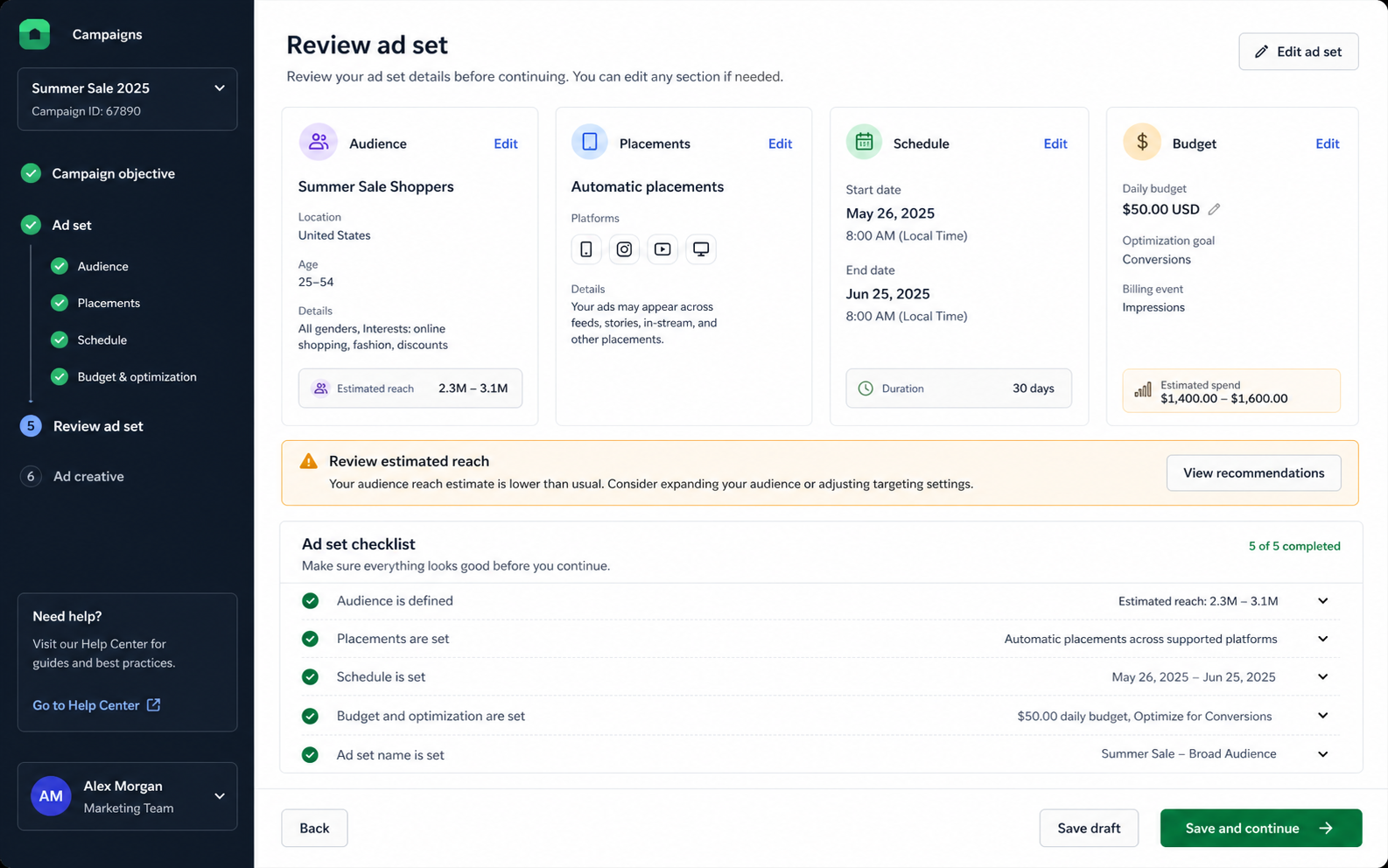 Ad-set setup and review screen