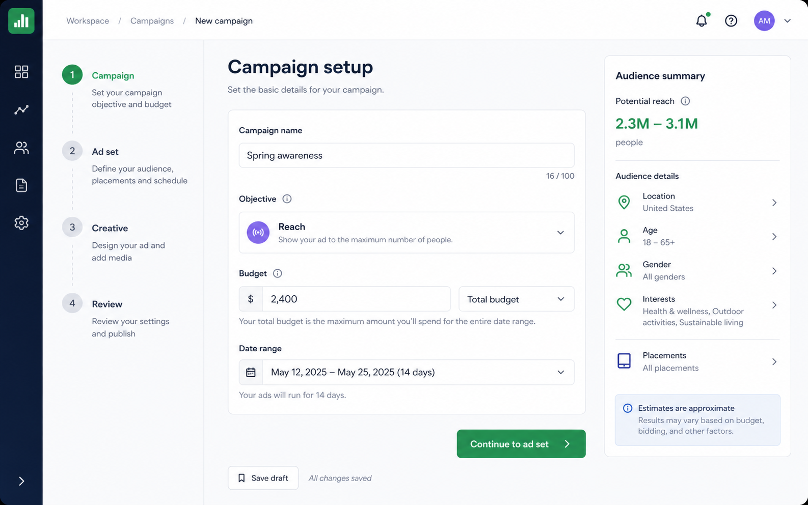 Campaign workspace and performance inputs screen