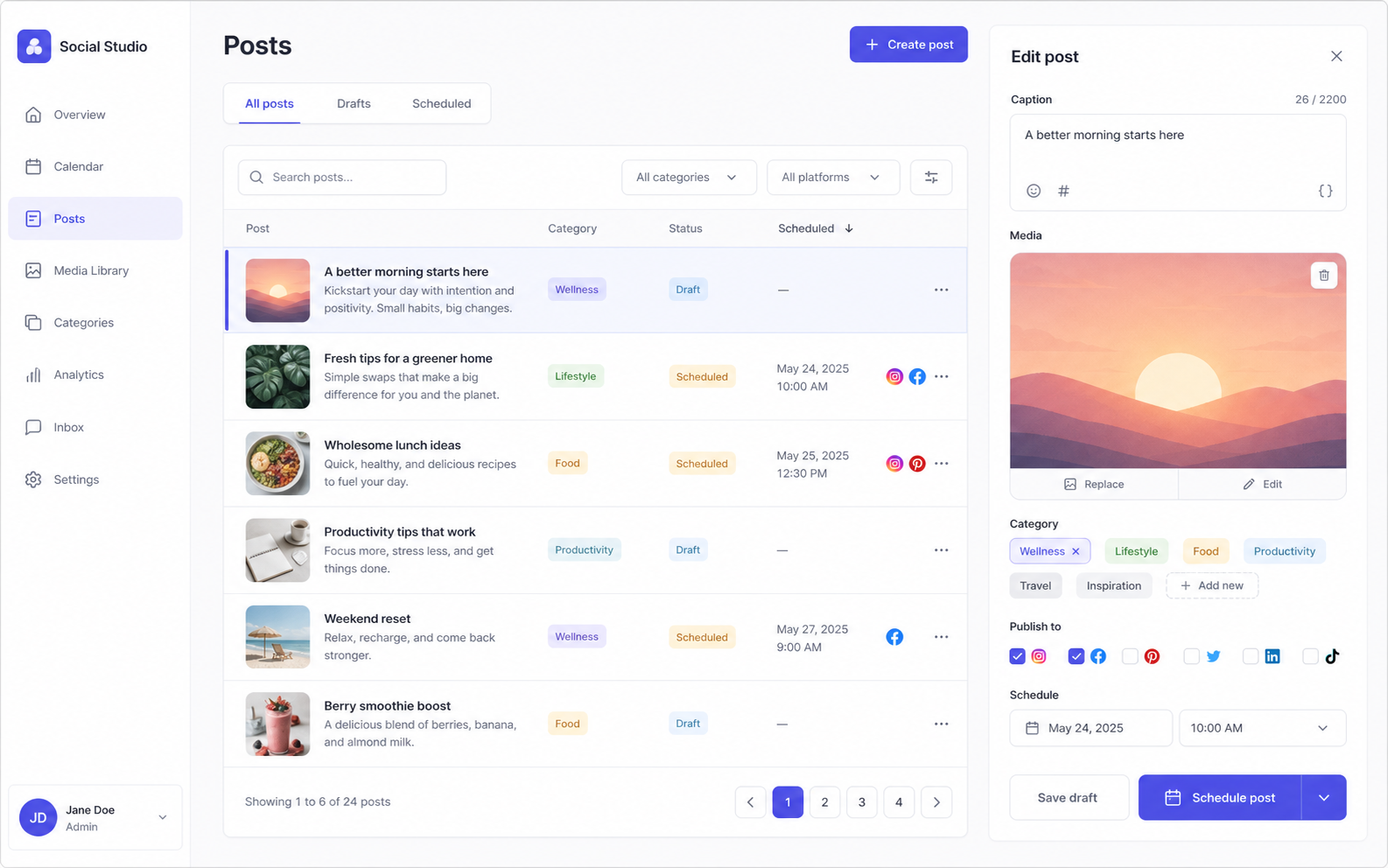 Social post editor and content library screen