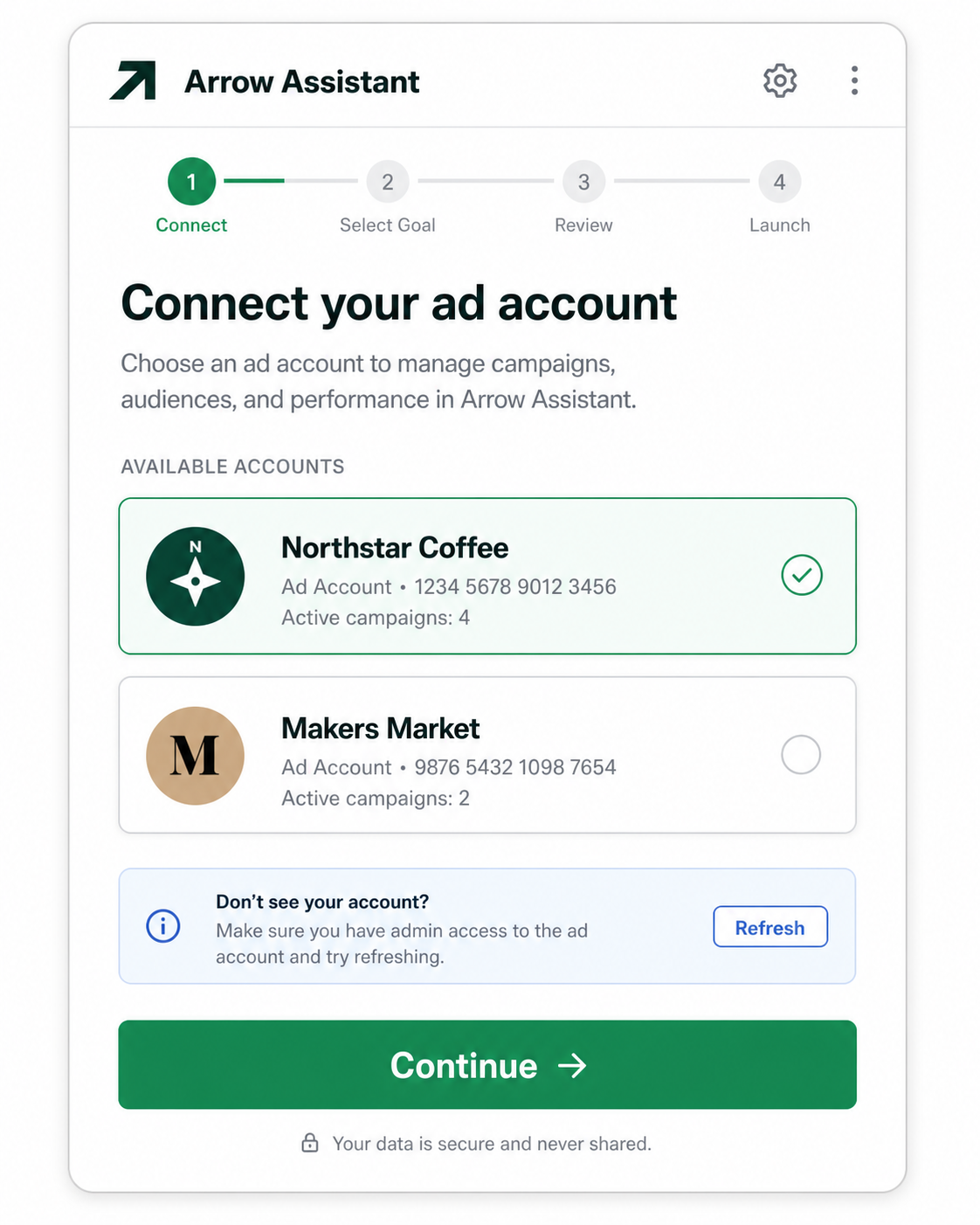 Extension onboarding and account connection screen