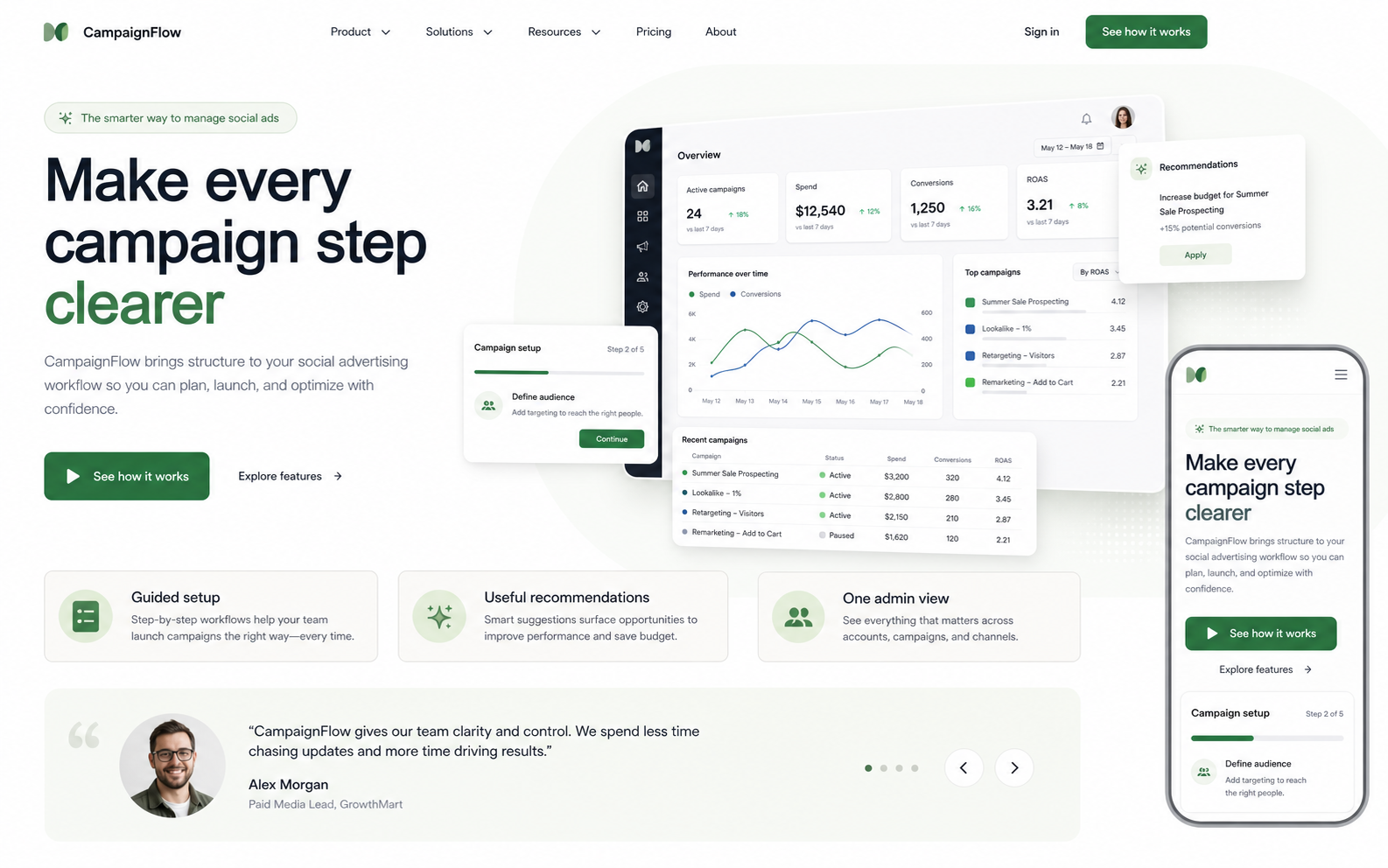 Product landing page and guided funnel screen