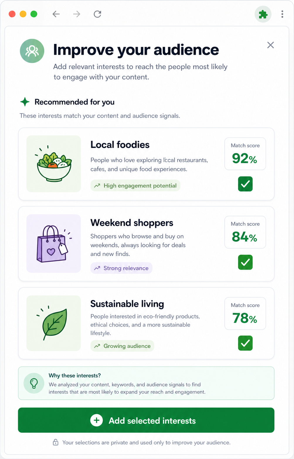 Audience interests and recommendations screen