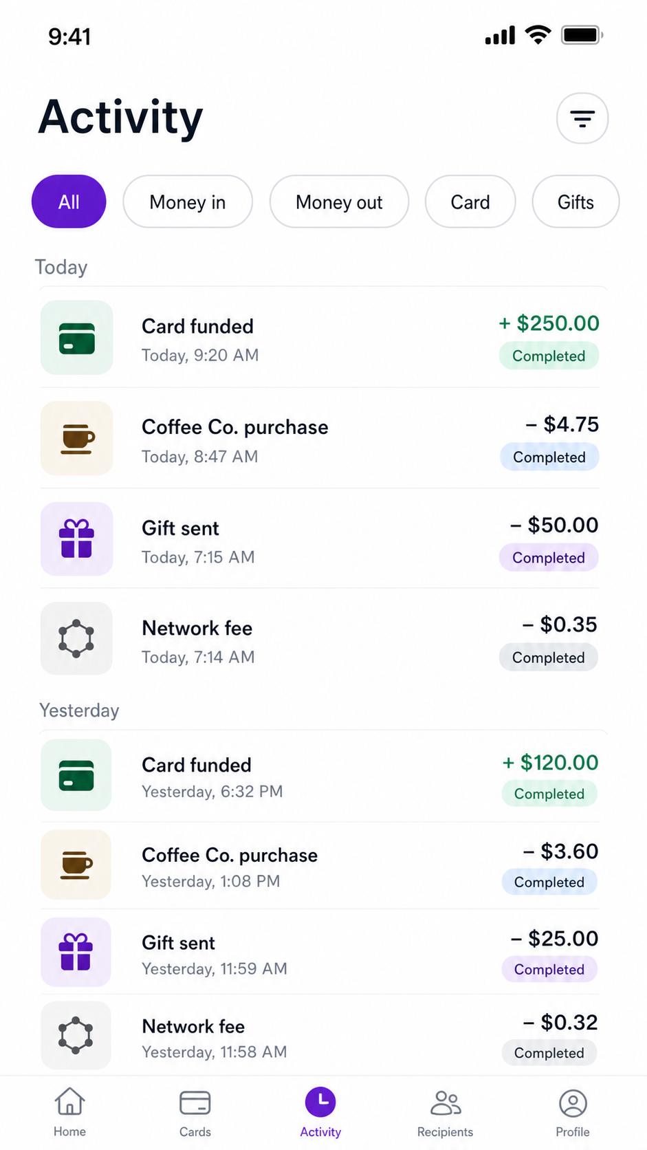 Consumer activity history screen