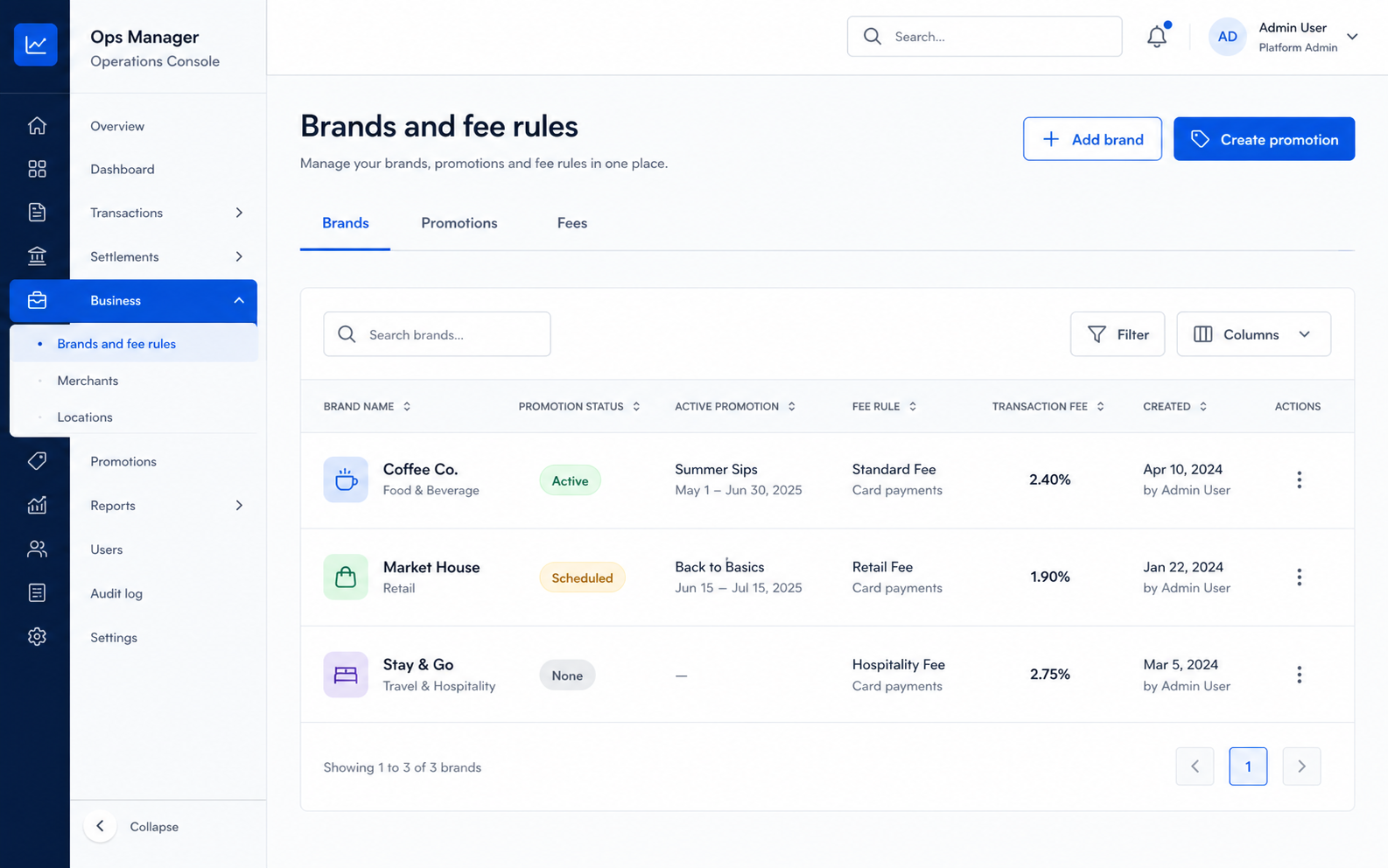 Brand, promotion, and fee management screen