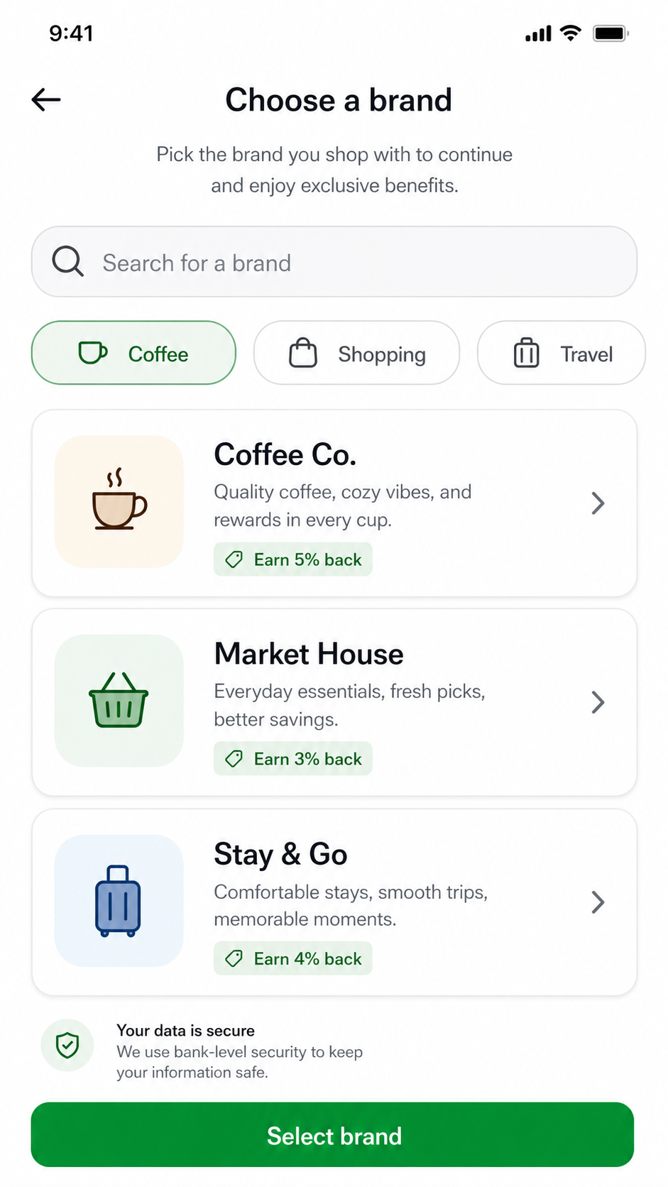 Create a card: retail brand selection screen