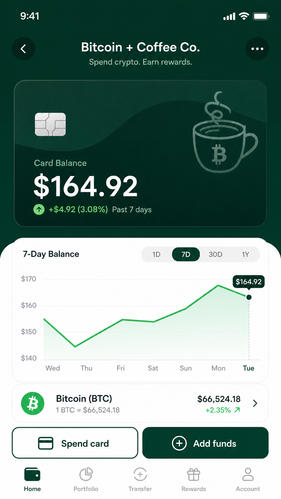 Card balance and gain/loss view screen