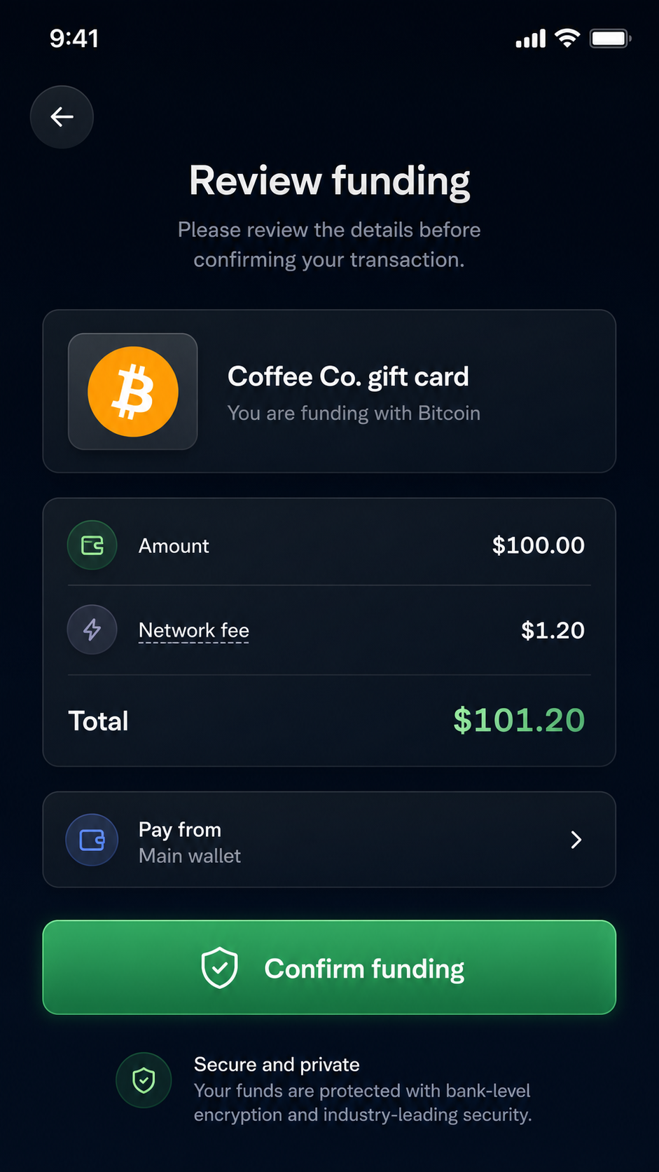 Card funding confirmation screen