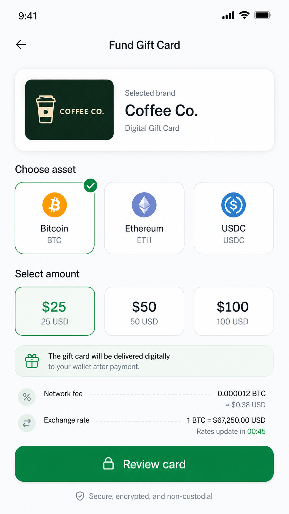 Cryptocurrency and funding amount selection screen