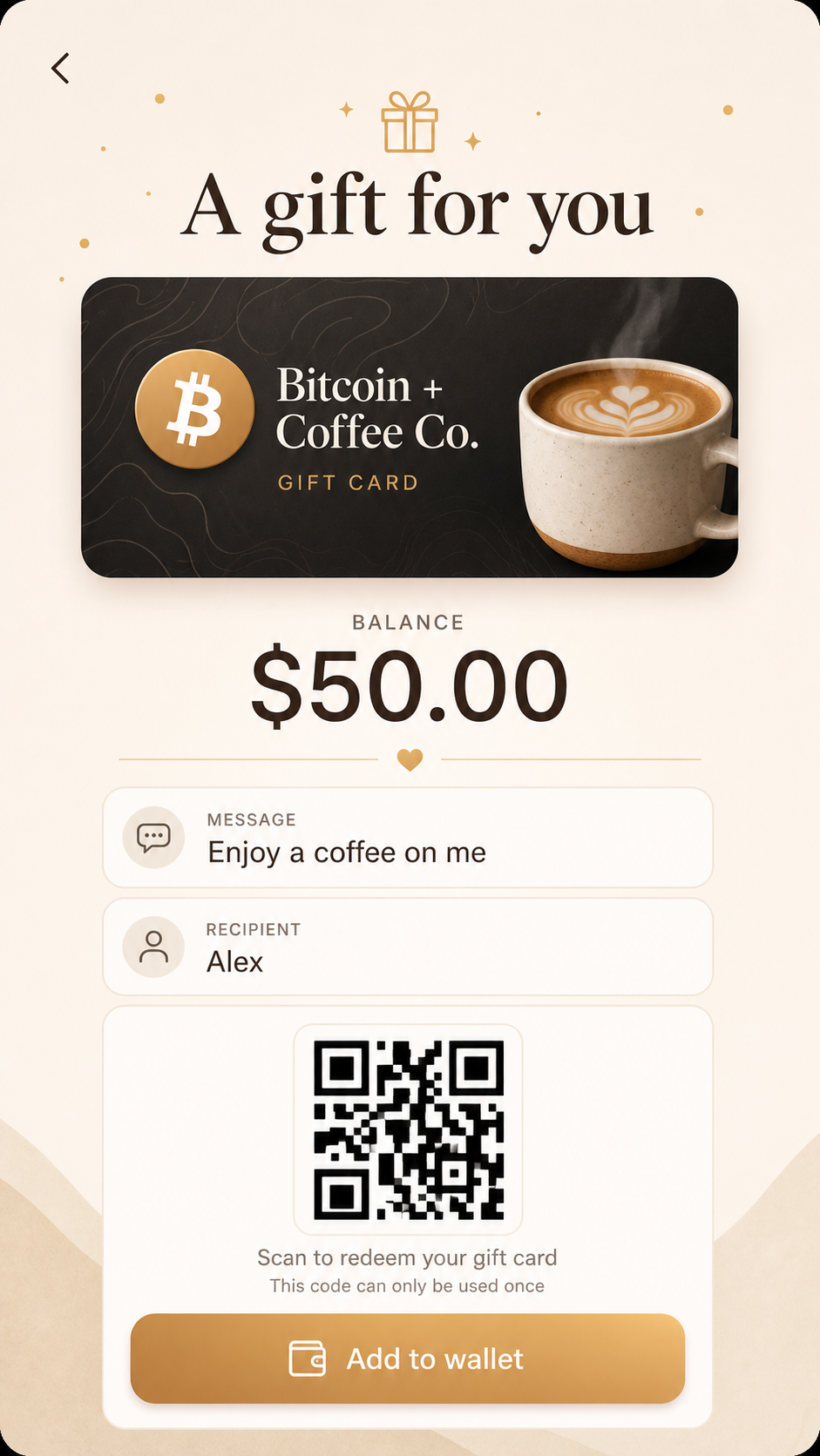 Shareable recipient card view screen