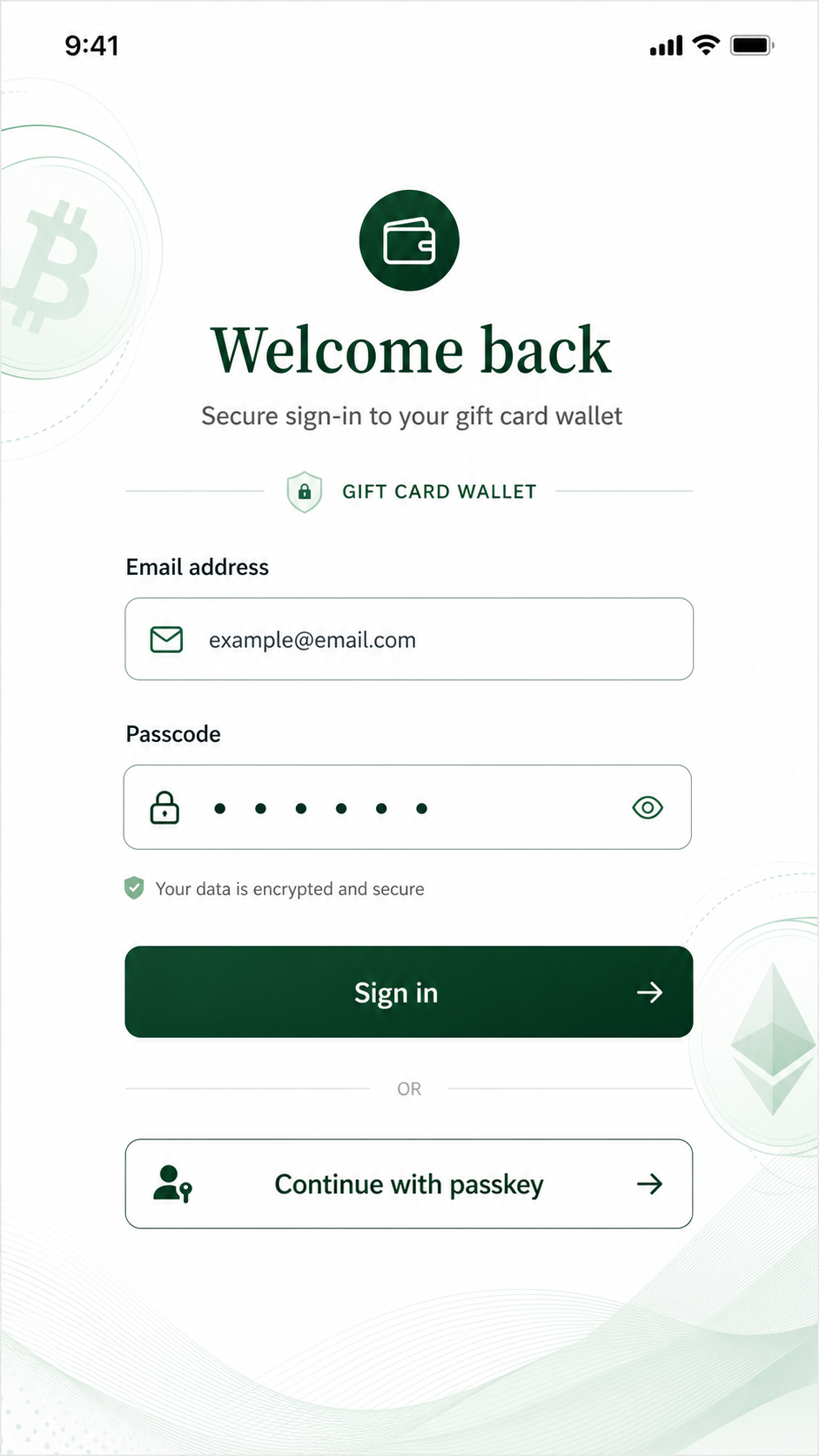 Welcome and secure sign-in screen