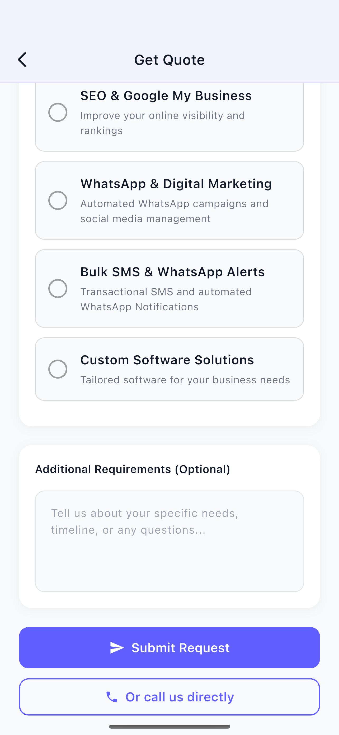 Request additional growth services screen