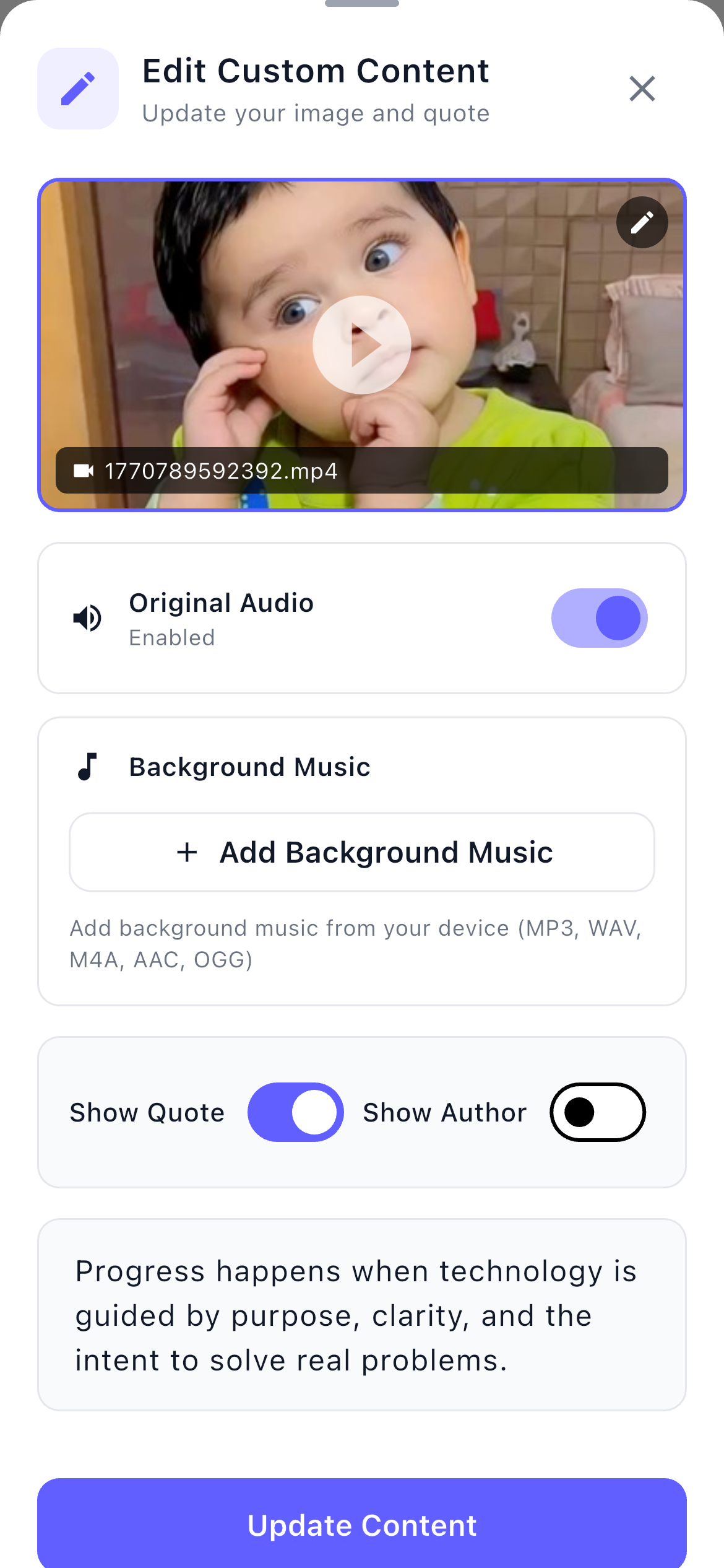 Custom video editor screen