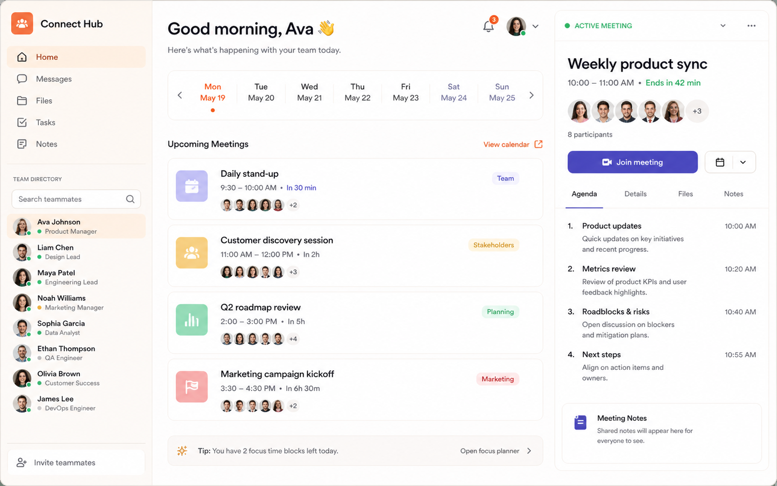 Team directory and meeting workspace screen