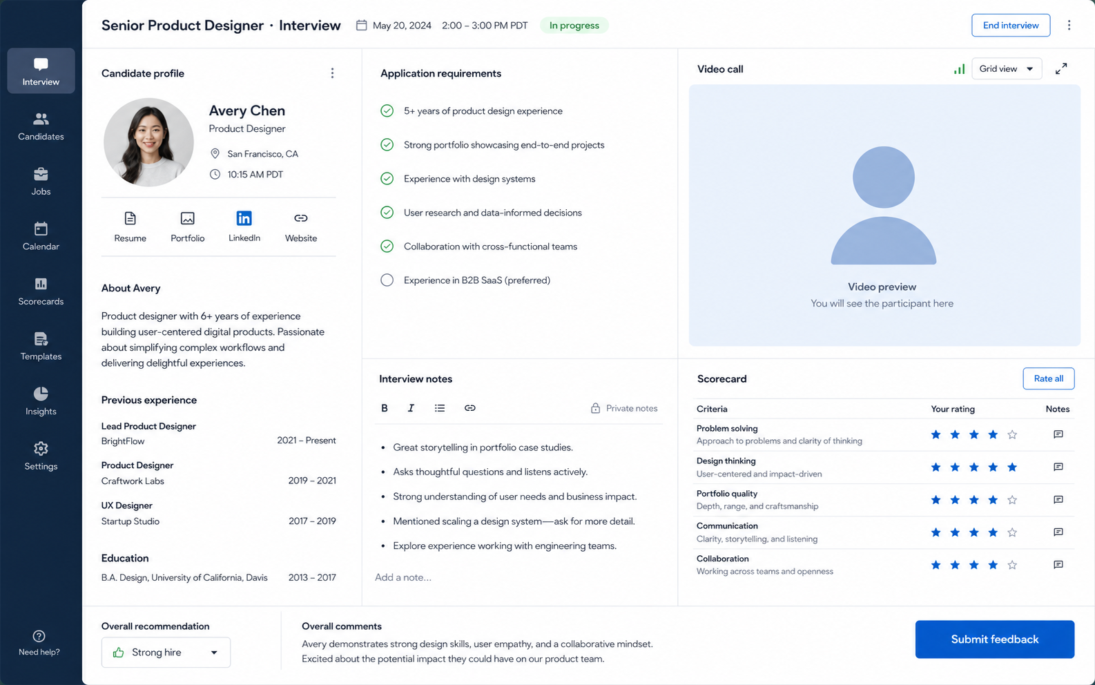 Video interview and application requirements screen