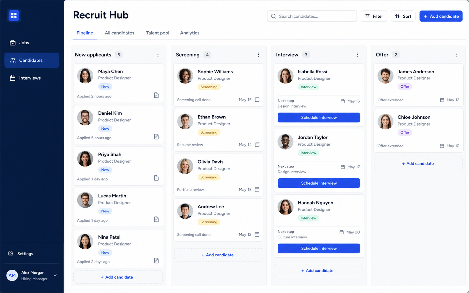 Recruitment pipeline and candidate profile screen
