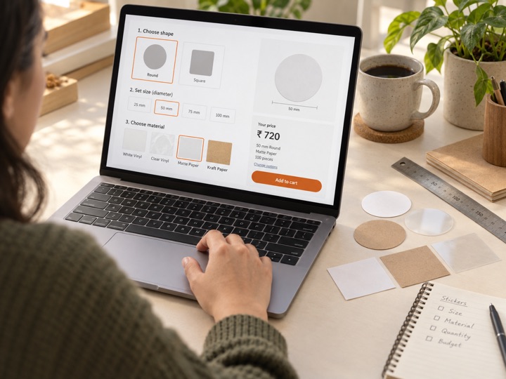 Configure shape, size, material, and quantity screen