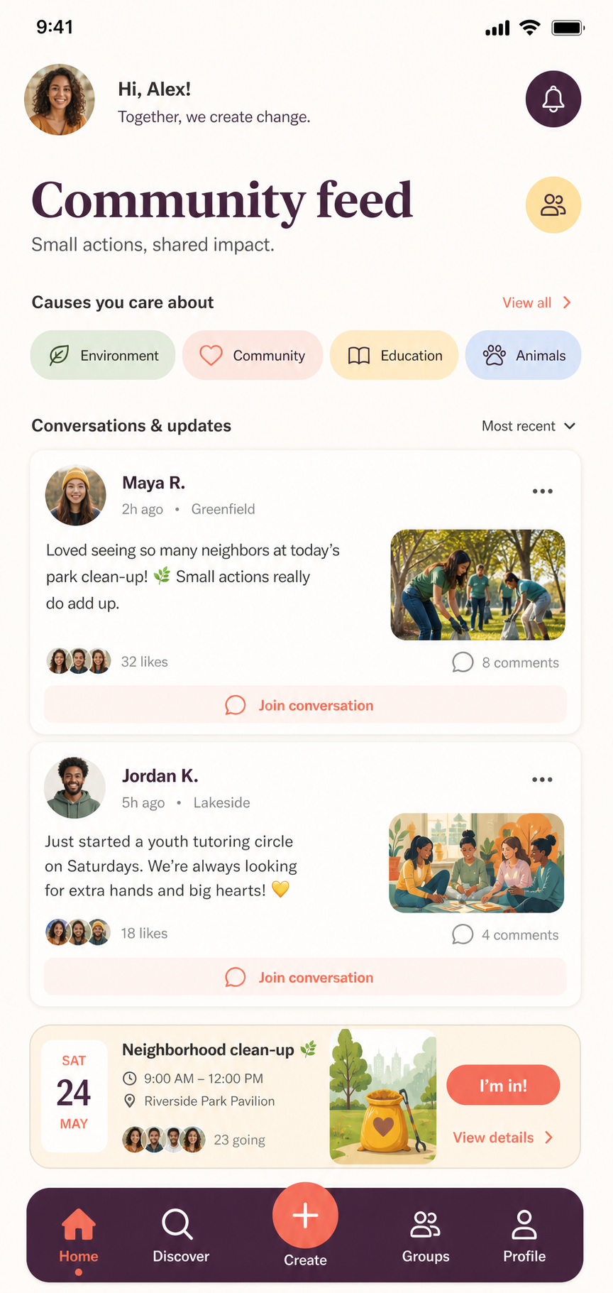 Community discovery and spot feed screen