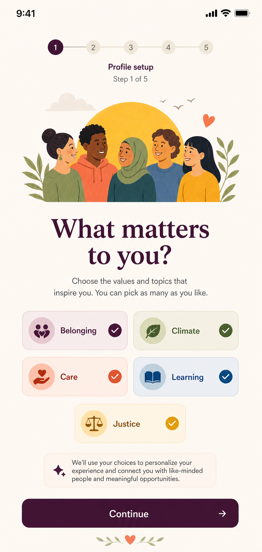Mobile onboarding and values selection screen