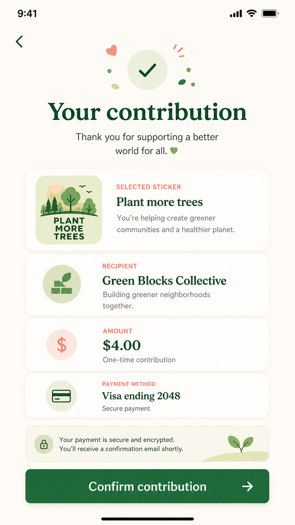 Payment and contribution flow screen