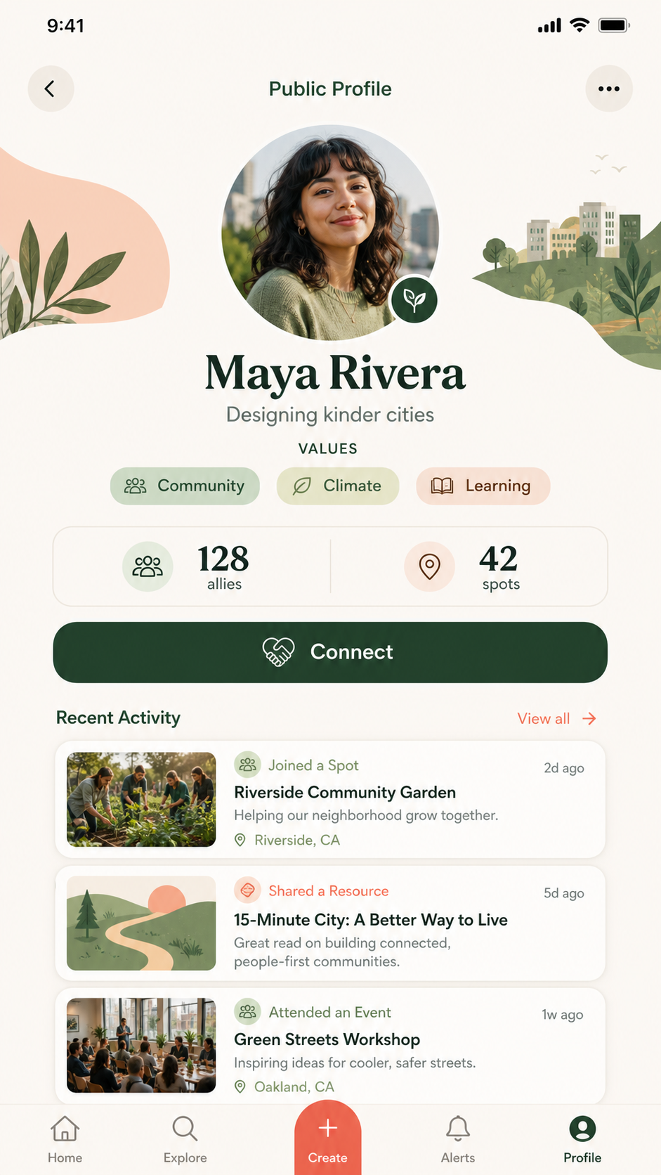 Public profile with values and allies screen